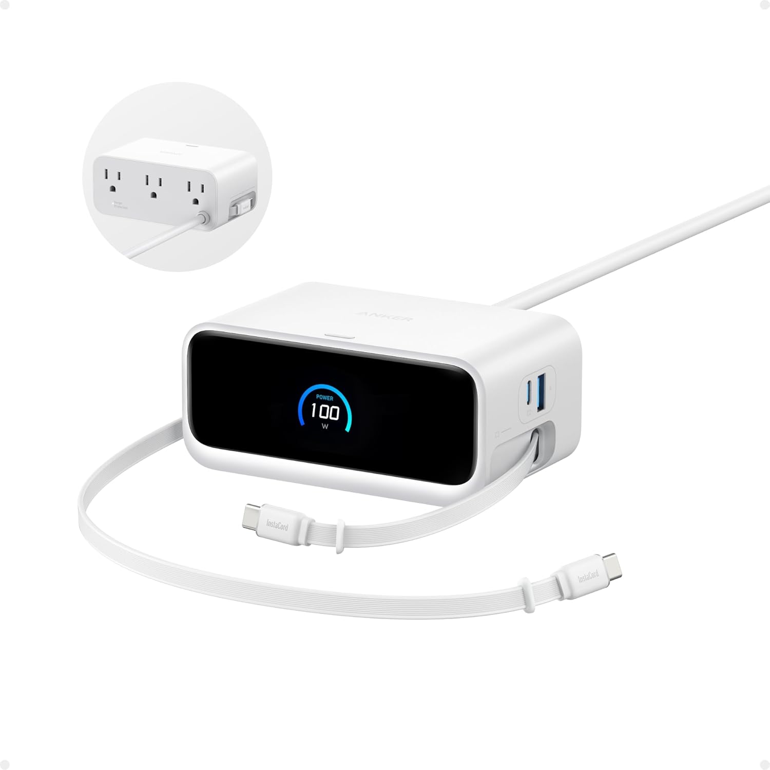 Anker Nano Charging Station, 7-in-1 USB-C Power Strip for iPhone 16, 2.3 ft Anker InstaCord Retractable Cable, 3 USB-C, 1 USB-A, 3 AC, 100W Desktop Fast Charging for MacBook, Home, Office(Non-Battery)