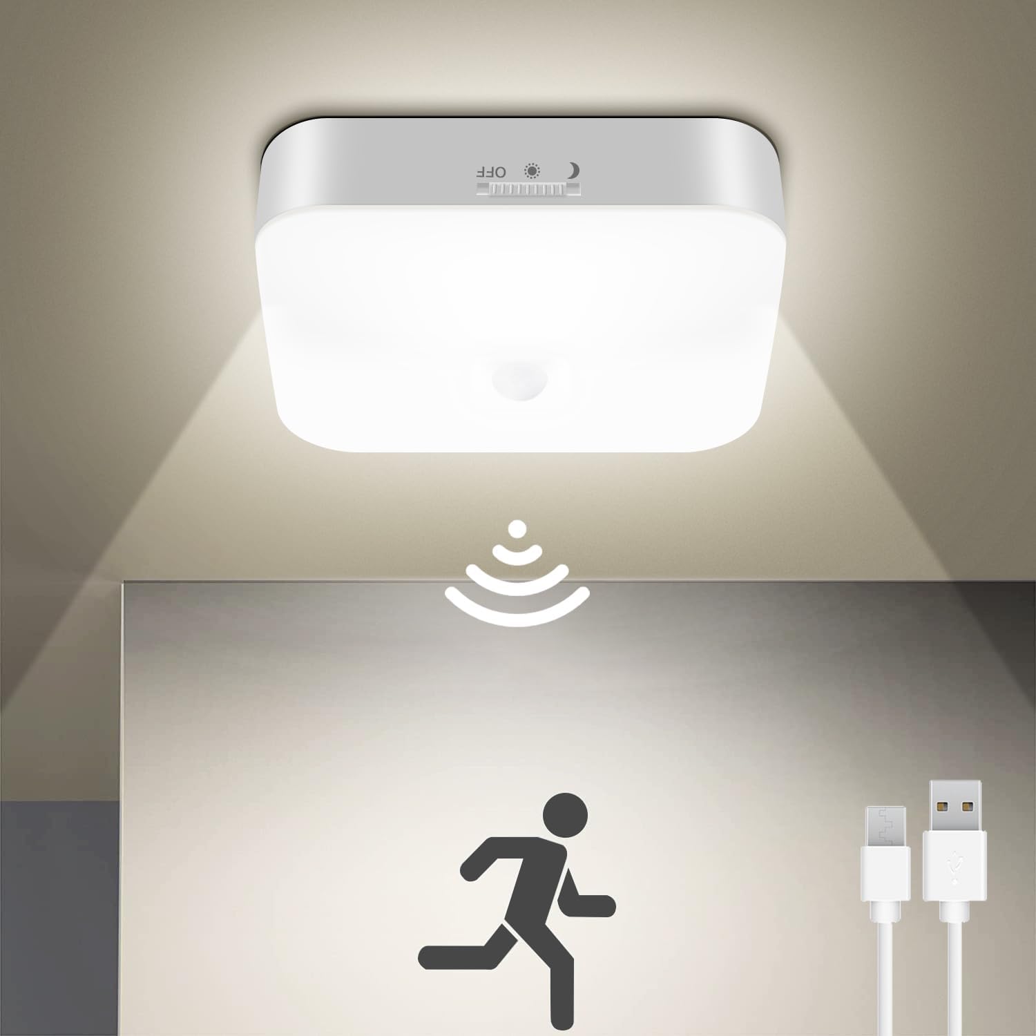 Rechargeable Motion Sensor Closet Light, Rechargeable Battery Operated Ceiling Light Wireless, 500LM Wireless Motion Activated Light for Shower Stairs Hallway Pantry Porch Garage, 5000K