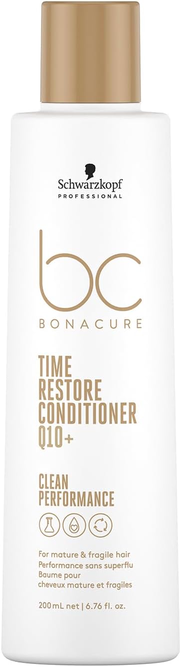 Schwarzkopf Professional Bonacure Time Restore Conditioner For Mature Hair Vegan Care Complex Q10+ Protection Against Visible Signs Of Aging Moisturised Hair Feeling Elasticity Detangling 200 ml