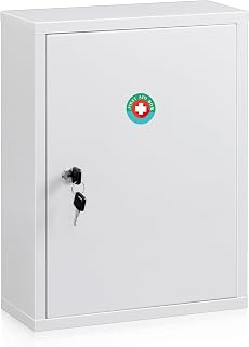 KYODOLED Wall Mount Medicine Cabinet, Large Capacity First Aid Wall Cabinet for Bathroom, Locking Medicine Cabinet with Key, Secure Steel Lock Box for Medication, White