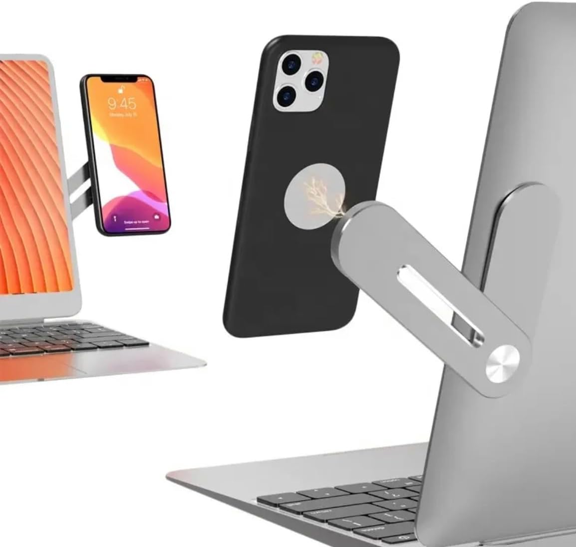 Orco 2 Pack Adjustable Magnetic Phone Holder for Laptop Screen - Aluminum Slim Monitor Side Mount Clip for All Phones, Portable Foldable Computer Expansion Bracket (Grey)