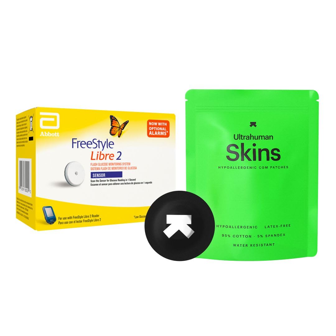 Abbott Freestyle Libre 2 Sensor for diabetes monitoring CGM for UK, White, plus FREE (Ultrahuman Skins) alcohol wipes and water proof CGM patches