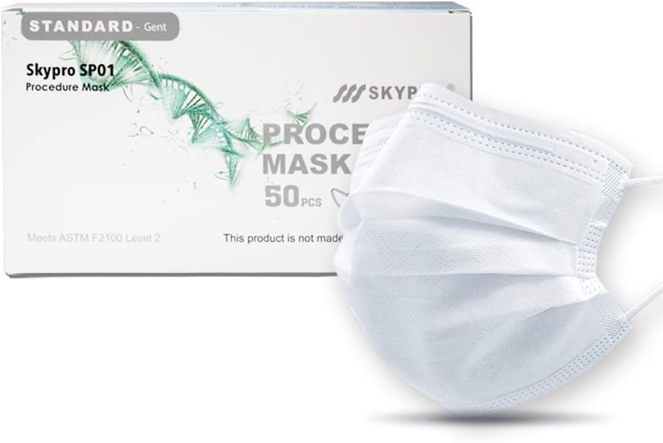 SkyPro 50PCS Medical Grade Procedure Masks, Adult 3 Ply Disposable Hypoallergenic White Face Masks with Elastic Ear Loop Filter Efficiency Greater than 99% Breathable for Hospital