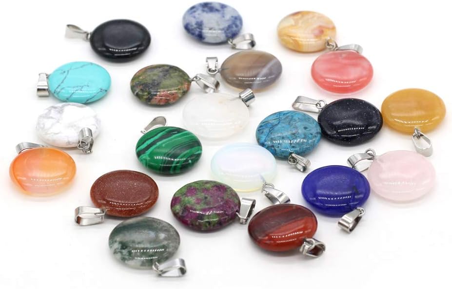 LE SKY 20 Pcs natural stone pendants round coin shape healing mixed color stone charms for jewelry making