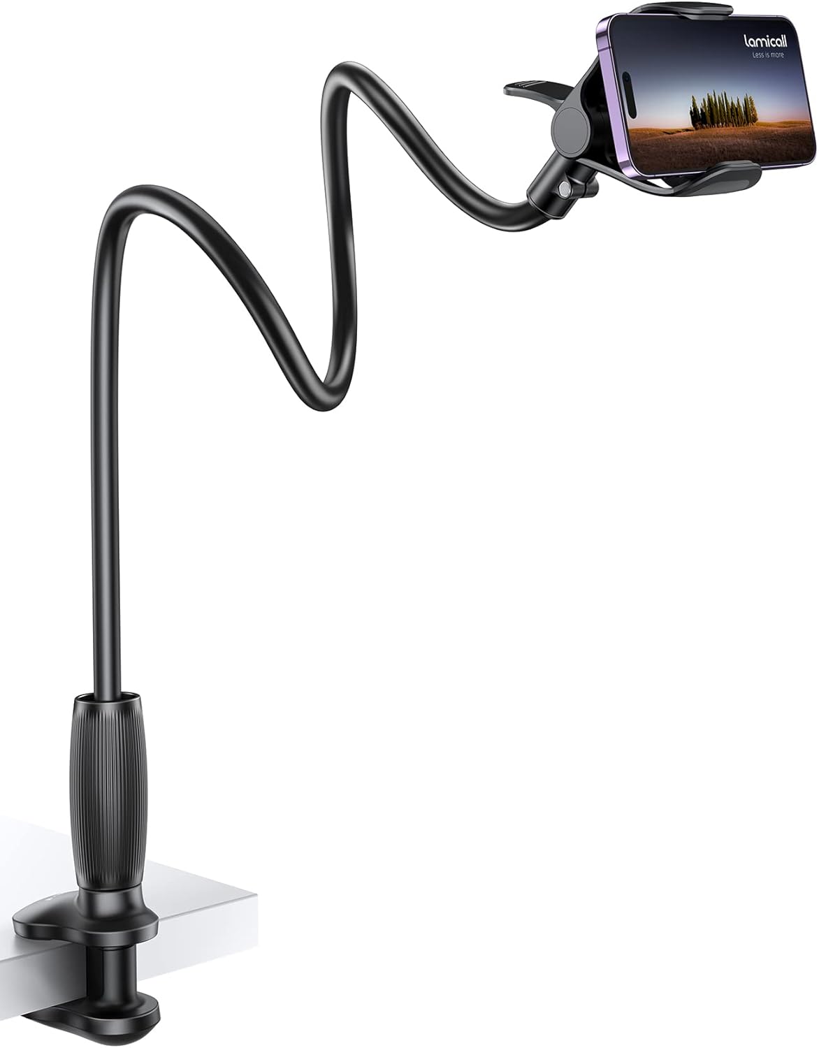 Lamicall Gooseneck Bed Phone Holder - [80 mm Clamp Base] Universal Flexible Lazy Arm for Desk, 360 Overhead Phone Mount Clip for iPhone 16 15 14 13 12 11 Series, Xs XR, Samsung, 4-7” Cellphone - Black