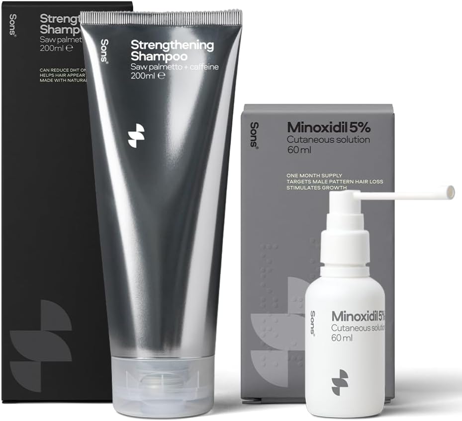 Sons Minoxidil 5% Solution & Hair Growth Shampoo for Men. Hair Regrowth Treatment & DHT Blocker Head Wash With Caffeine and Hair Thickening, Anti-Dandruff Formula. 1 Month Supply. Made in Europe.