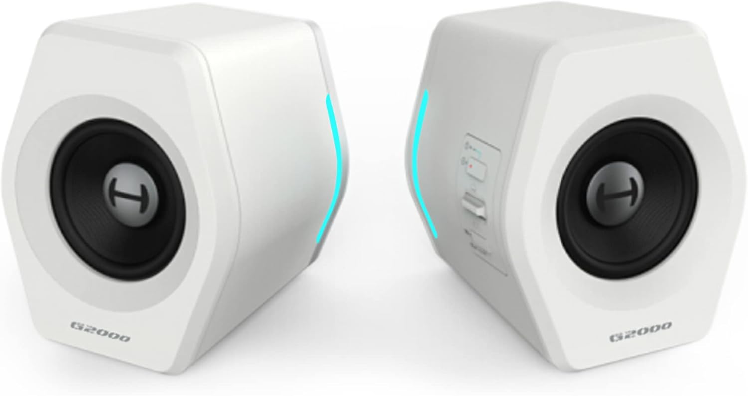 G2000 32W PC Computer Speakers for Gaming Desktop PC Laptop Mac Computer Woofer Speakers Bluetooth USB 3.5mm AUX Inputs RGB Lights Multimedia Speakers White