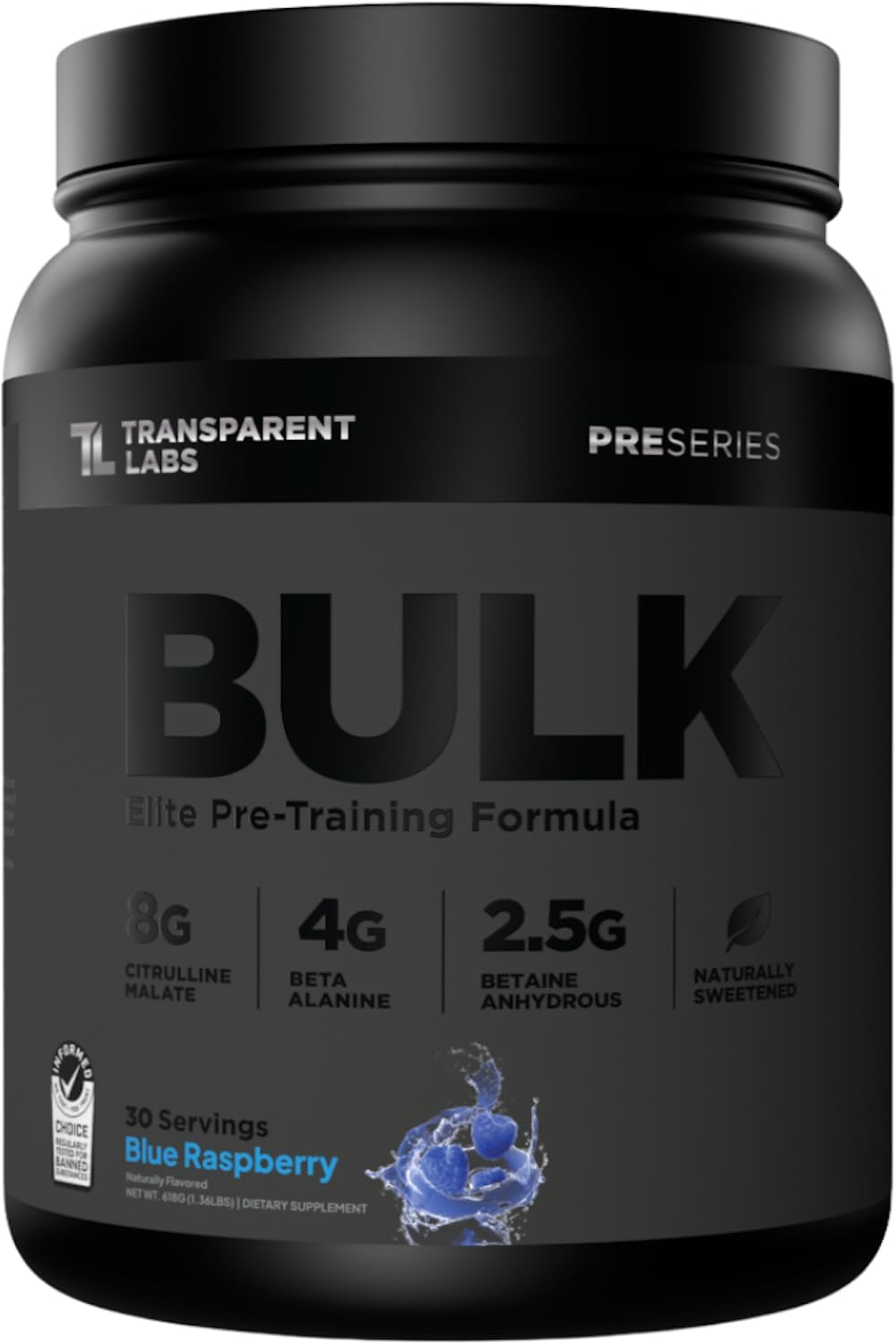 Transparent Labs Bulk Black Pre Workout - Clinically Dosed, Naturally Sweetened Preworkout for Men and Women with Beta Alanine Powder, Citrulline Malate, & Caffeine- 30 Servings, Blue Raspberry