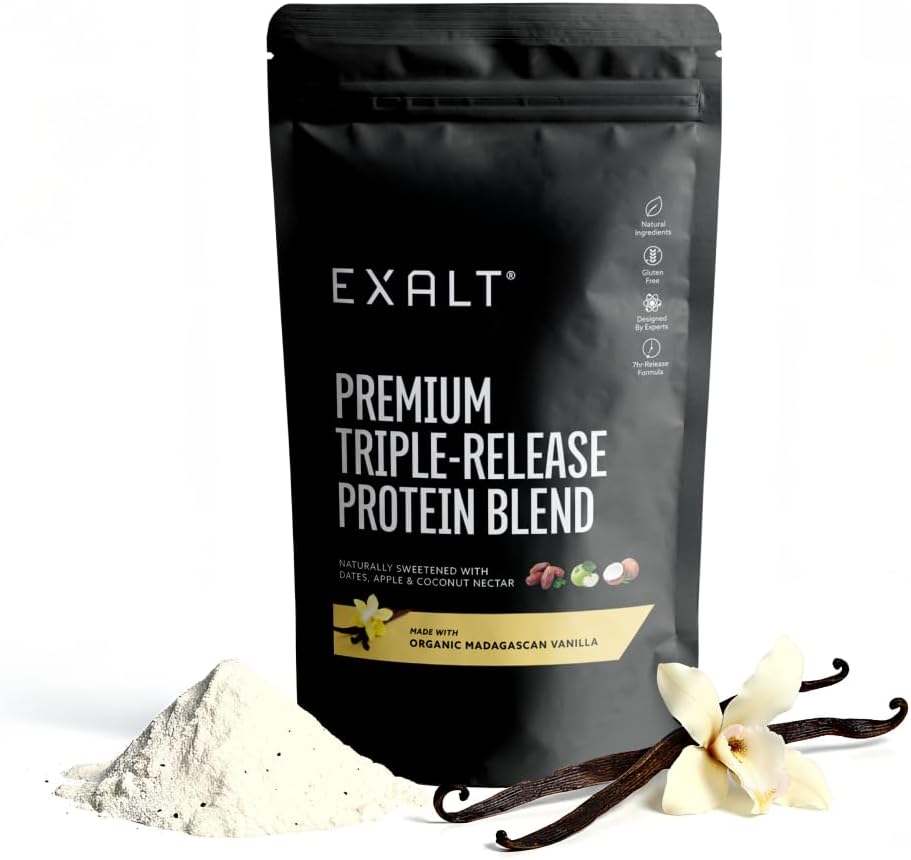 EXALT Nutrition - Whey Protein Powder - Madagascan Vanilla - 500g - Premium Grass Fed Whey - Micellar Casein & Free Range Egg White - 7hr Triple-Release Blend - Naturally Sweetened with Dates