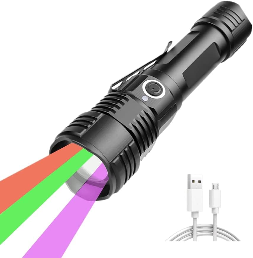 WindFire 4 Color in 1 Tactical Torch, Rechargeable, Handhedl Torch with Red UV Green White Light, Zoomable Waterproof LED Torches with 18650 Battery for Camping Hunting Fishing Detect