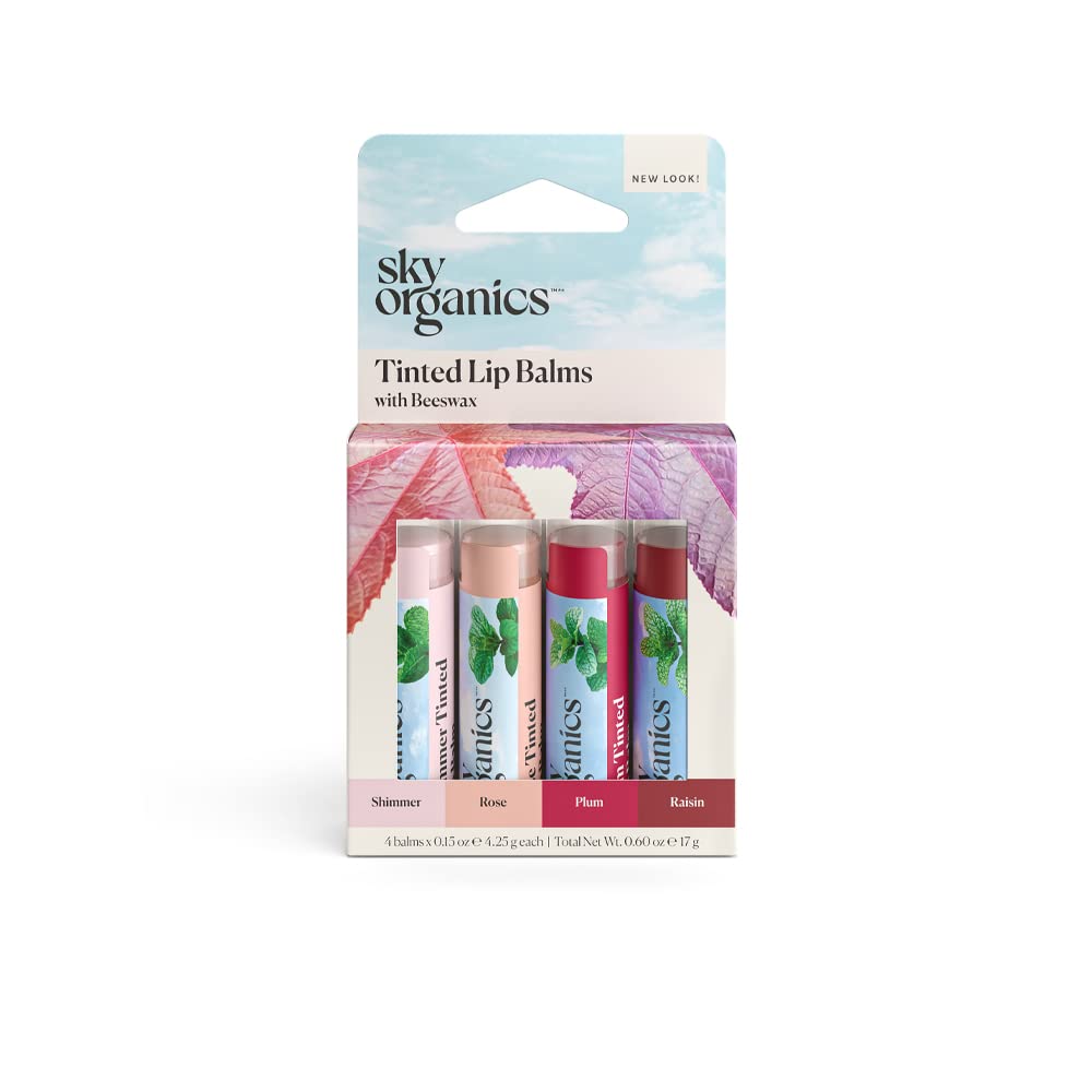Sky Organics Tinted Beeswax Lip Balms, 4 Shades, Sheer Color & Shine