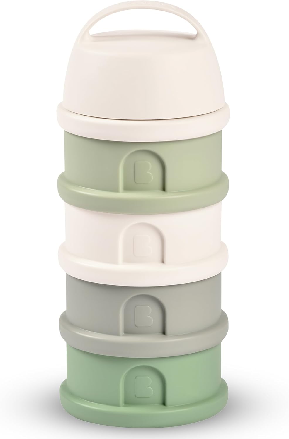 BEABA, Stackable Milk Dispenser, 100% Hermetic, 4 compartments, Made in France, Large Capacity, Evolutive use, Cotton White/Sage Green