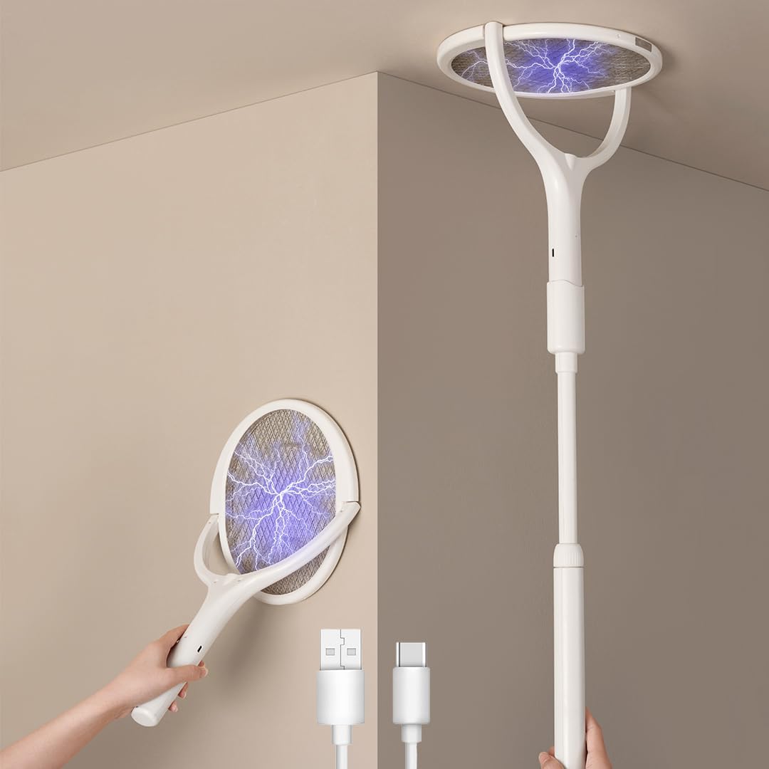 GeckoMan Rotating Head Electric Fly Zapper Electric Fly Swatter Racket Rechargeable Flies Killer Spider Catcher Mosquito Bug Zapper Indoor UK, with a Telescopic Extension