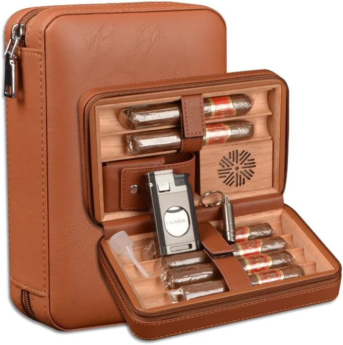 6-Finger Cigar Travel Humidor Cigar Case with Triple Flame Cigar Lighter, Leather Cigar Box with Round Humidifier, Cigar Punch and Dropper, Cedar Wood Humidor Cigar Box Gift Box Storage Box (Brown)