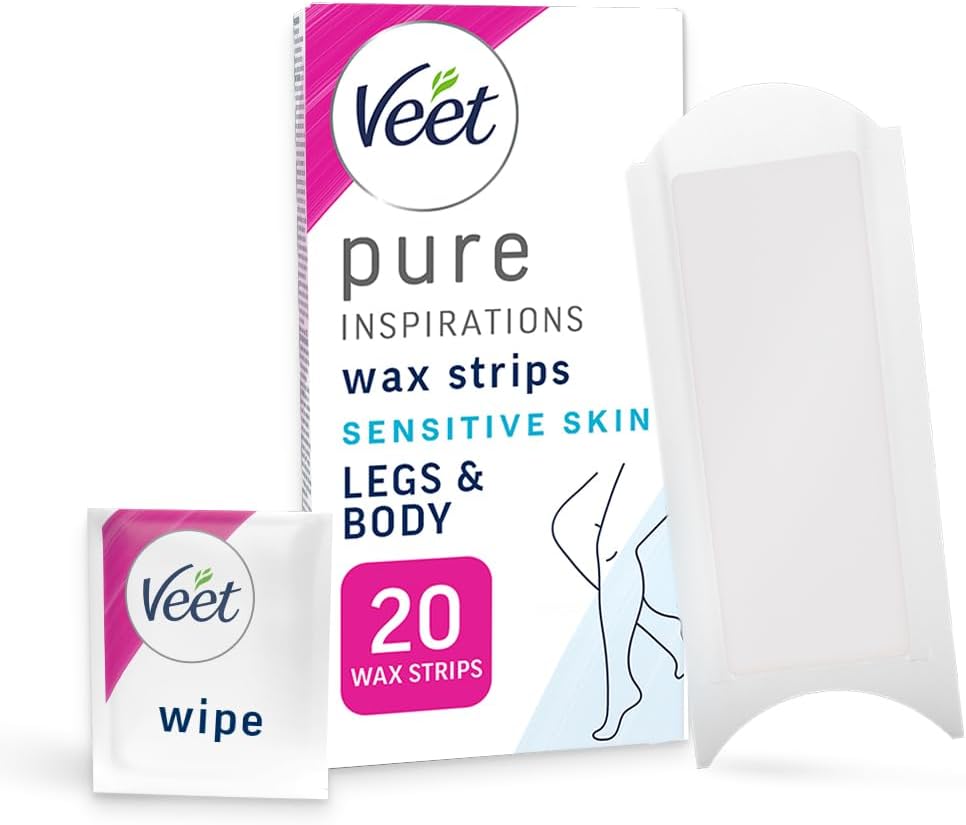 Veet Pure Cold Wax Strips For Legs & Body, Sensitive Skin, 20 Count + 2 Finish Wipes, Hypoallergenic Hair Removal, 28 Days Smoothness, Removes From Root (Packaging Varies)