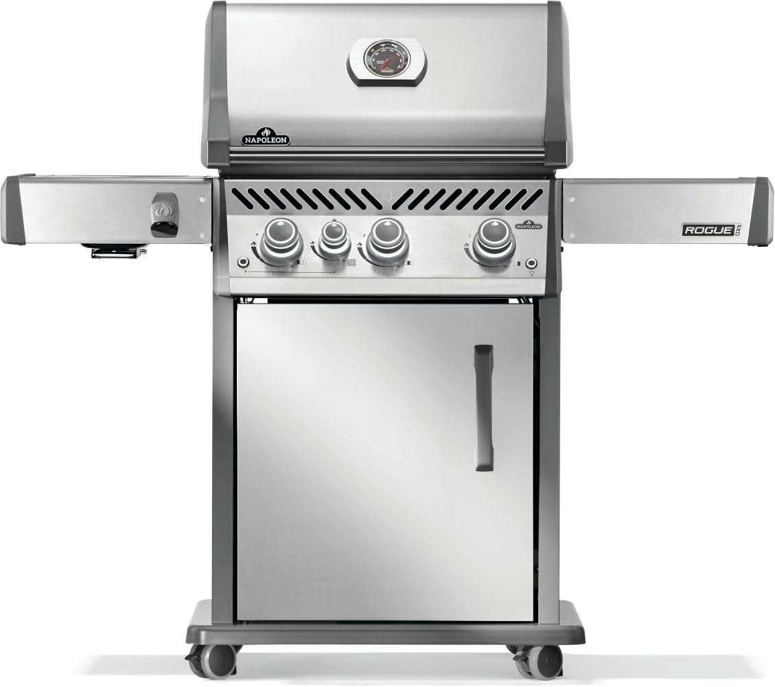 Napoleon Rogue PRO 425 3-Burner Propane Grill with Infrared Side Burner | Stainless Steel, 56,000 BTUs, 716in² Area, Backlit Knobs, Folding Shelf, Stainless Steel Grates, Locking Caster Wheels