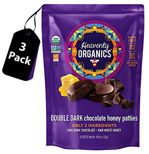 Heavenly Organics Double Dark Chocolate Honey Patties, 3 Bags- 12 single /bag -4.66oz (132g) Made with 100% Organic Cocoa and 100% Organic Raw White Honey; Non-GMO, Fair Trade, Kosher, Dairy & Gluten Free, No Sugar Added, Sweeten with Honey , Chemical , antibiotic and glyphosate free