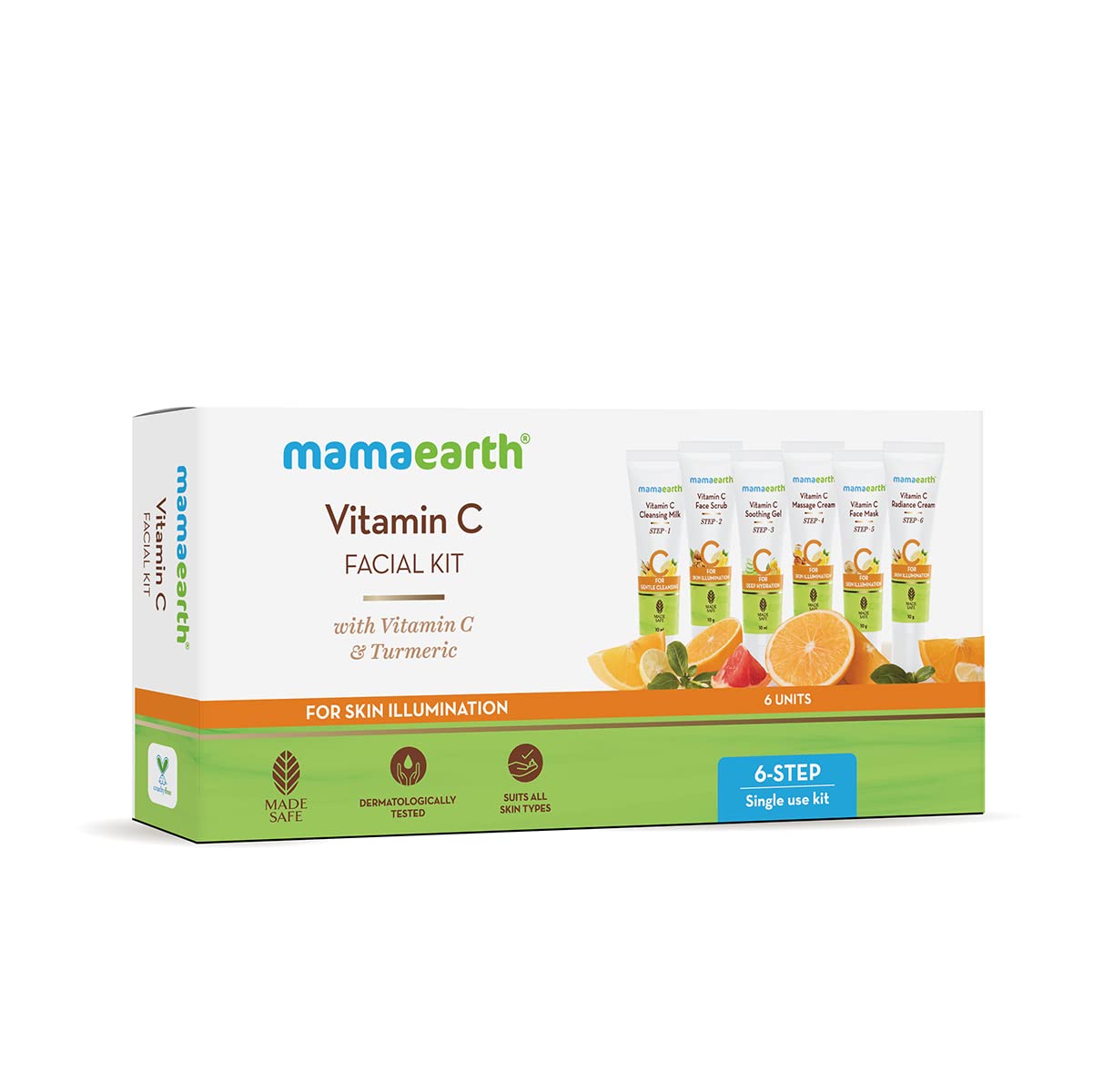 Mamaearth Vitamin C Single Use Facial Kit | Skin Illumination in Just 6-Steps | Includes Cleanser, Scrub, Gel, Massage Creams & Face Pack | Gives Long Lasting Glow | 2.12 Oz/60g