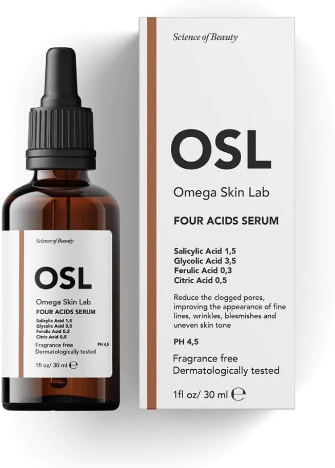 OSL Omega Skin Lab OSL Four Acids Serum 30ML - Salicylic Acid%1.5, Citric Acid%0.5, Glycolic Acid%3.5, Anti-Blemish, Pore & Sebum Balance Wrinkle Serum for Skin Care