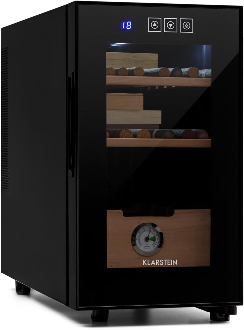 Klarstein El Presidente Cigar Humidor - Thermoelectric Humidor Cabinet with Glass Door, Cedar Wood Shelves, Hygrometer, LED Interior Light, 23 Litres, Black