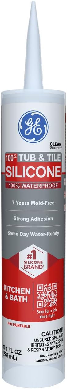 GE Silicone Caulk for Tub & Tile Kitchen & Bath, Clear, 10 fl oz Cartridge, 1 Pack - 100% Waterproof Silicone Sealant, Excellent Flexibility, Shrink & Crack Proof