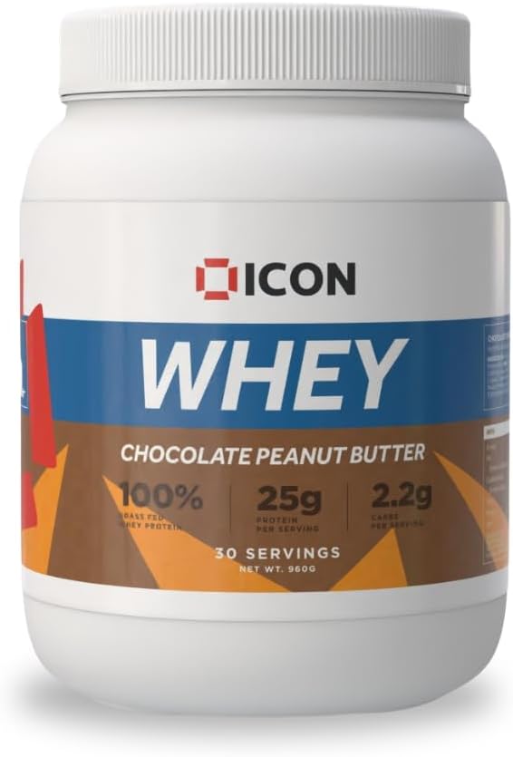 ICON Nutrition Whey Protein Powder — Chocolate Peanut — High Protein, Grass Fed, Low Carbs & Fat, Complete Amino Acid Profile, Cold Shakes or Mix with Foods — 960g, 30 Servings