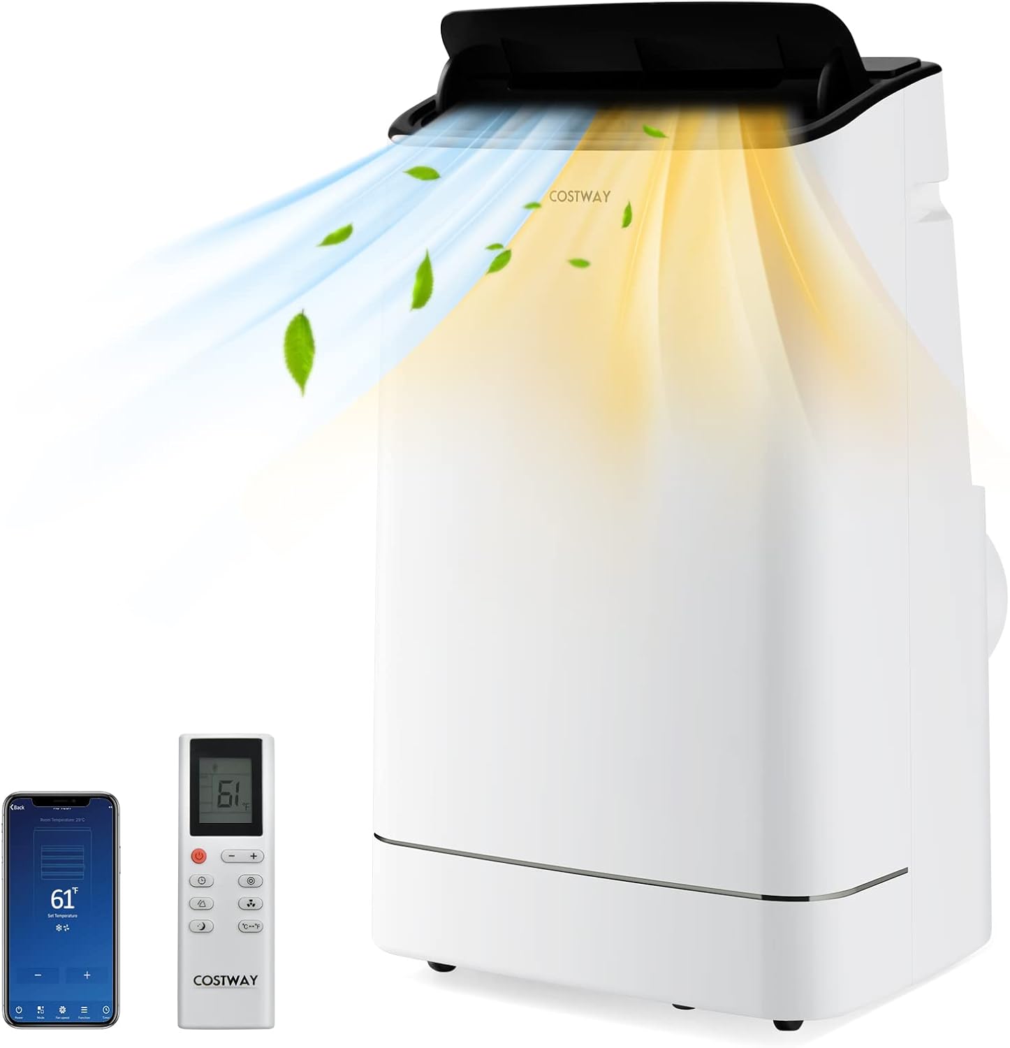 COSTWAY 15000 BTU Portable Air Conditioner, with Heat, Auto Swing 4-in-1 AC Unit for Rooms up to 800 Sq.Ft, with Built-in Dehumidifier, 24H Timer, Remote Control/APP Control & Window Kit(15000 BTU)