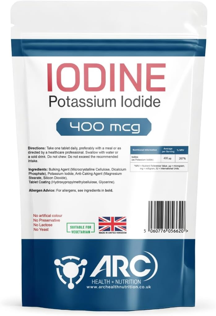 Iodine Supplement Tablets 400mcg High Strength Potassium Iodide - Non-GMO & Gluten-Free Iodine Supplement - Trace Mineral - UK Made (360)