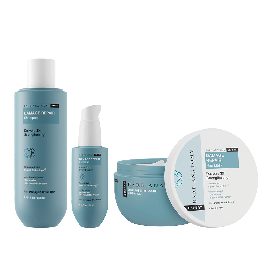 Bare Anatomy Damage Repair Shampoo and Hair Mask and Serum Kit | Repairs Damaged Weak & Dry Hair | Sulphate & Paraben Free | Women & Men | (250 ml + 250g + 50ml)
