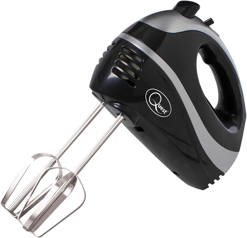 Quest 35810 Electric Hand Mixer / Complete With Chrome Beaters, Dough Hooks & Balloon Whisk / 5 Speed With Turbo Function / 300W / Black Colour