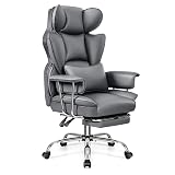 Office Desk Chair, Big and Tall Executive Office Chair with Footrest, Leather Computer Chair, Ergonomic Reclining Chair High Back with Lumbar Support, Large Home Office Chair (Gray)