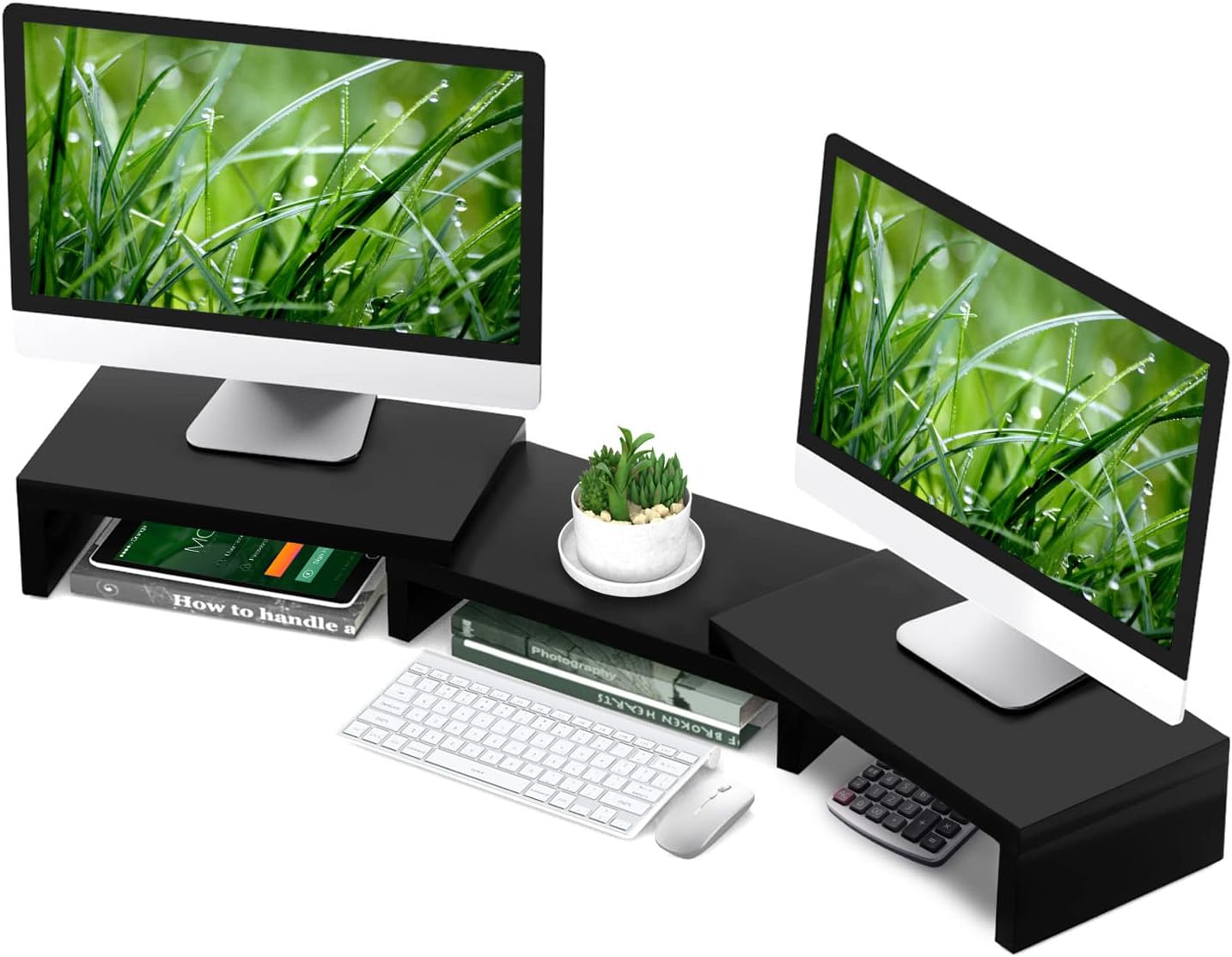 TAVR Dual Monitor Stand Riser Office Desktop Organizer Stand for 2 Monitors, Adjustable Length and Angle 3 Shelf, Extra Long Multifunctional Stand up to 43.3" fit Computer, Laptop, TV, Black