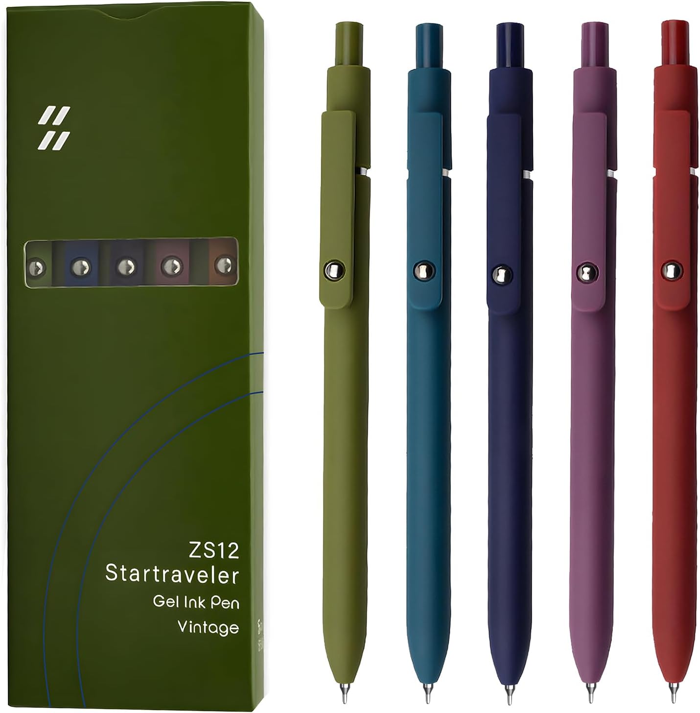 UIXJODO Gel Pens, 5 Pcs 0.5mm Japanese Black Ink Pens Fine Point Smooth Writing Pens with Silicone Grip, High-End Series Metal Clip Retractable Pens (5 Pcs Vintage)