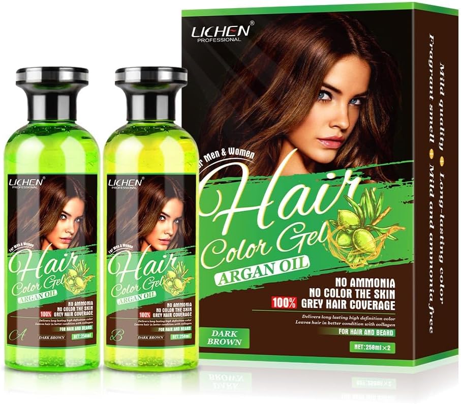 ZAZYS LICHEN PROFESSIONAL HAIR COLOR GEL 250ml DARK BROWN, No Color to the Skin! Contains Argan Oil, No Ammonia, Fast Action 100% Grey Coverage, Beard Dye, Dark Brown Hair Dye