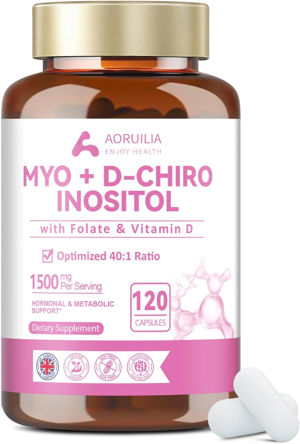 Vitamin B8 Myo-Inositol PCOS Supplement - Myo Inositol Capsules PCOS Supplement with Folate, Vitamin D3 - Hormone Balance for Women 120 Vegan Capsules