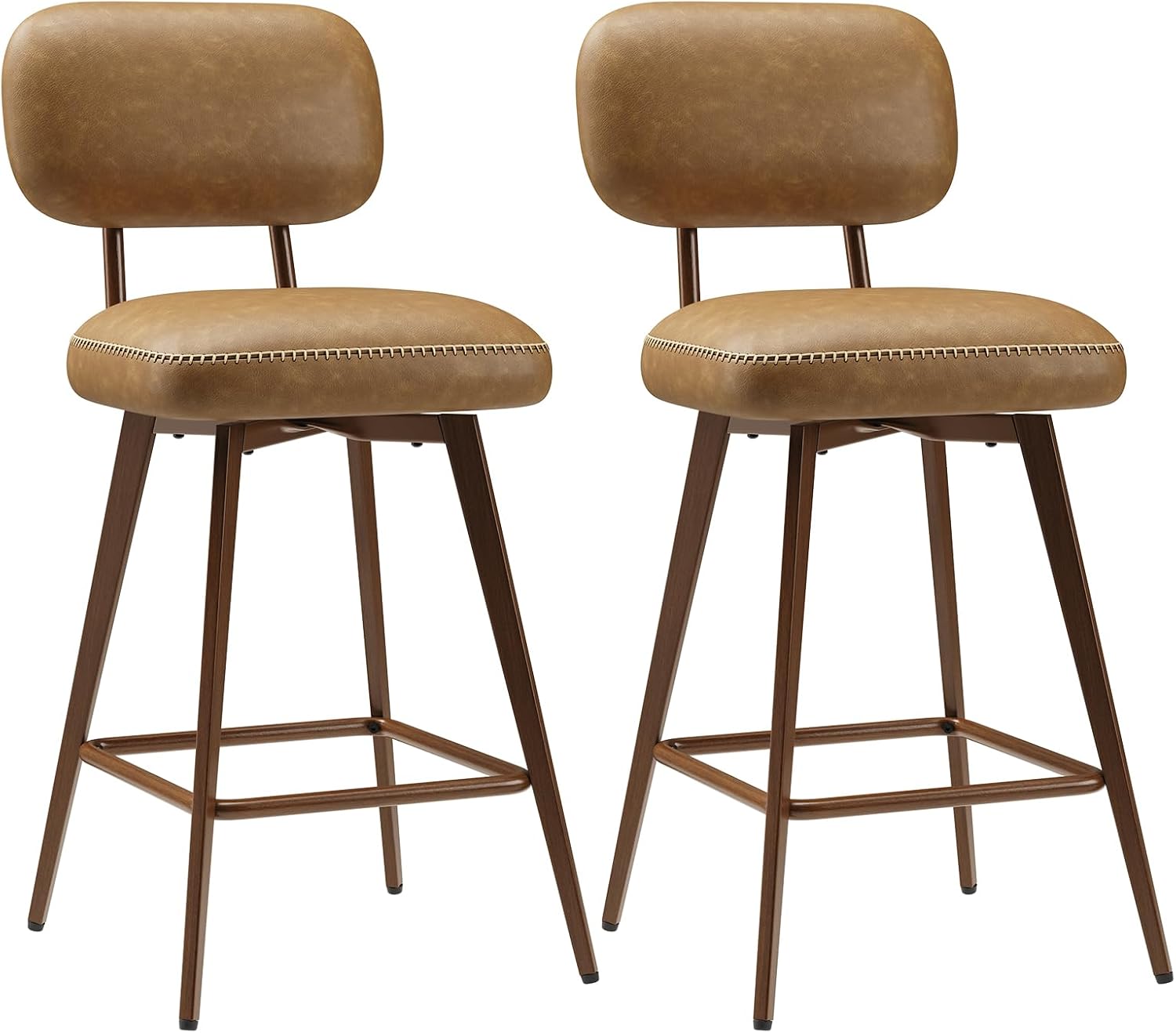 MALOL 26“ Swivel Bar Stools Set of 2, Mid Century PU Leather Counter Height Bar Chairs with Low Back and Metal Legs, Modern Bar Stool Chair for Kitchen Island, Brown