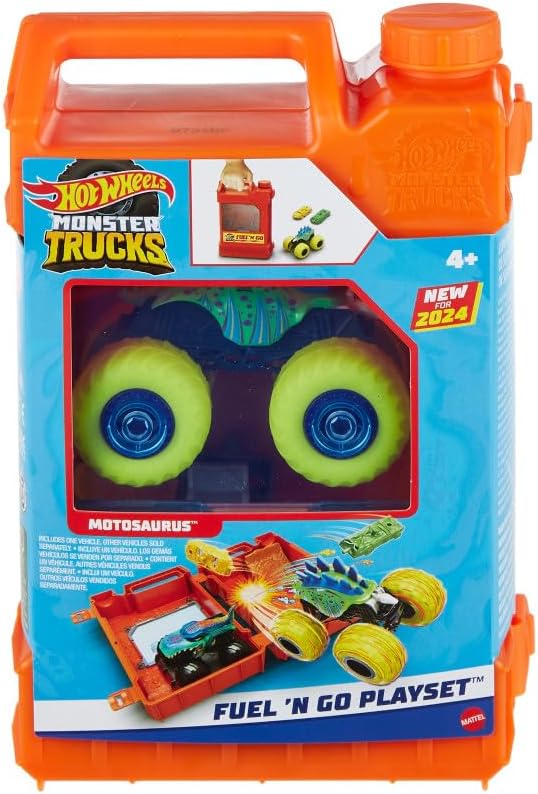 Hot Wheels Monster Trucks 1:64 Scale Toy Truck Playset, Fuel N’ Go Gas Can Transforms Into Stunting Arena, With Motosaurus & 2 Crushed Cars, HXT04