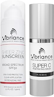 Vibriance Simple Skincare Essentials Bundle | Super C Vitamin C Serum & Sheer Zinc SPF 50 Sunscreen Skincare Set | Nourish, Protect, and Illuminate
