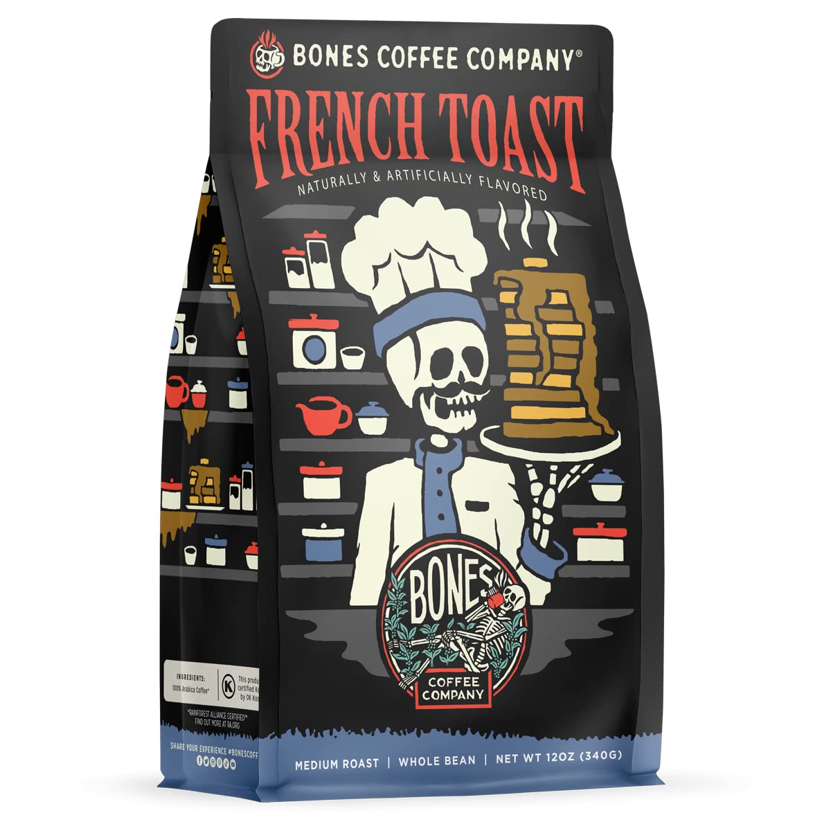 Bones Coffee Company French Toast, Sweet and Buttery Flavored Coffee, Medium Roast Low Acid Arabica Beans Compatible with Auto drip and French Press Coffee Maker, 12 Oz Ground