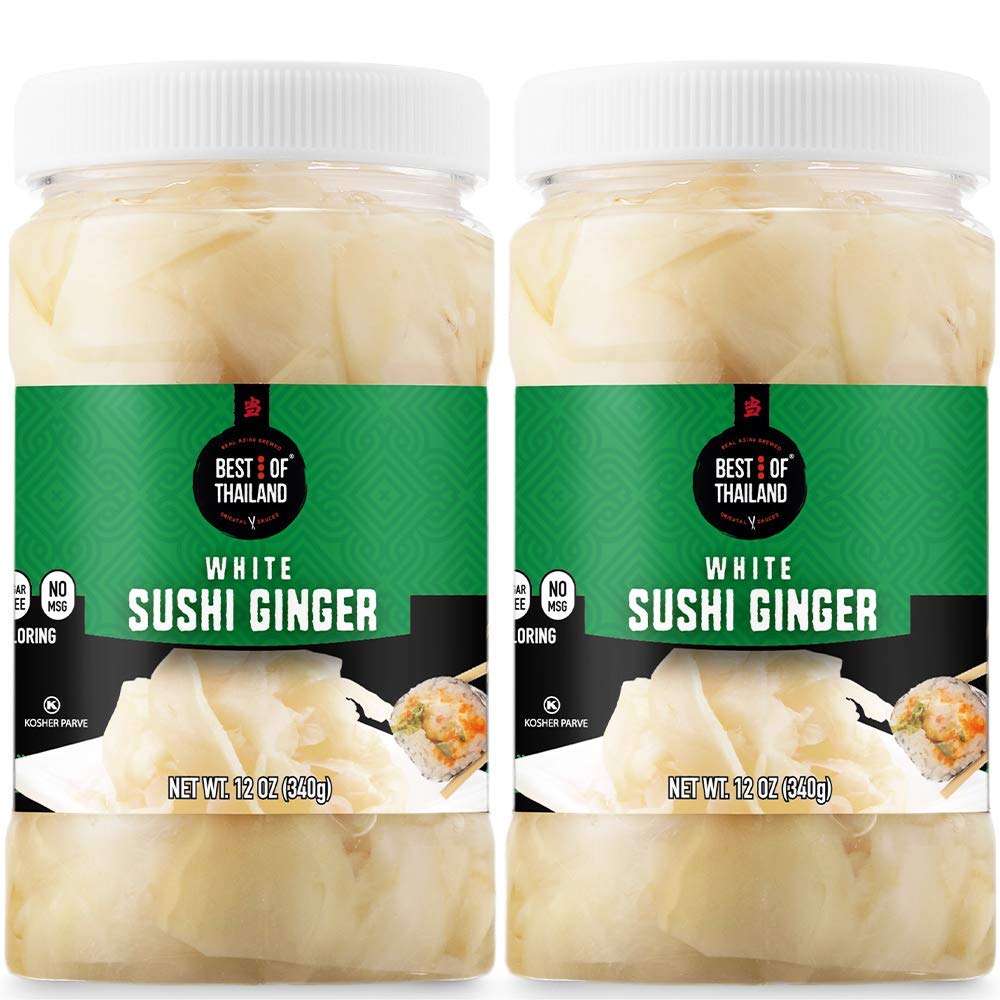 Best of Thailand Japanese White Pickled Sushi Ginger | No MSG | 2 Jars of 12oz Fresh Sliced Young Gari Pickled Ginger in Sweet Pickling Brine with Color | Fat-Free, Sugar-Free, Kosher