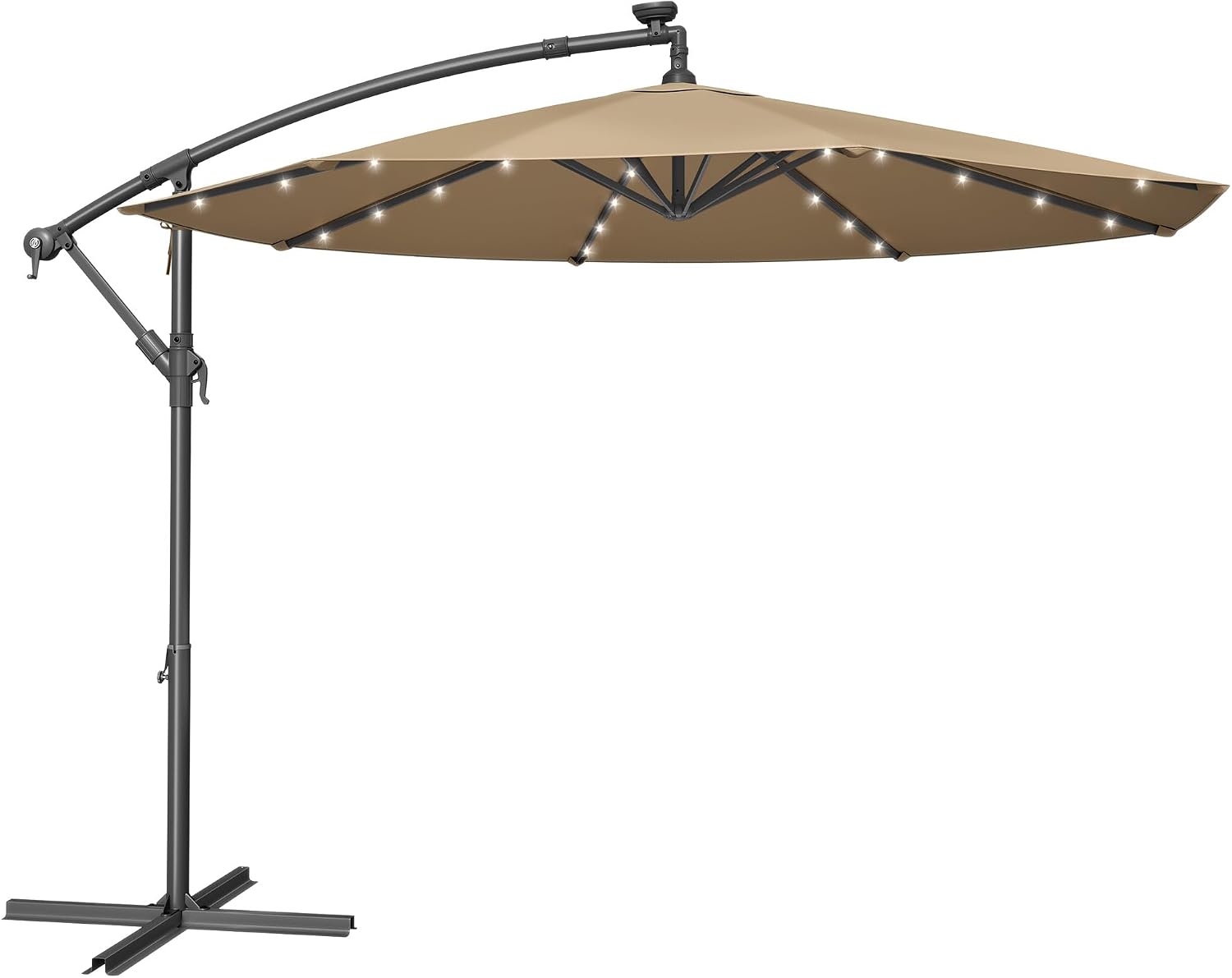 SONGMICS Cantilever Garden Parasol with Solar-Powered LED Lights, 3 m Banana Patio Umbrella with Base, Crank for Opening Closing, Sunshade with Protection UPF 50+, Taupe GPU118K01