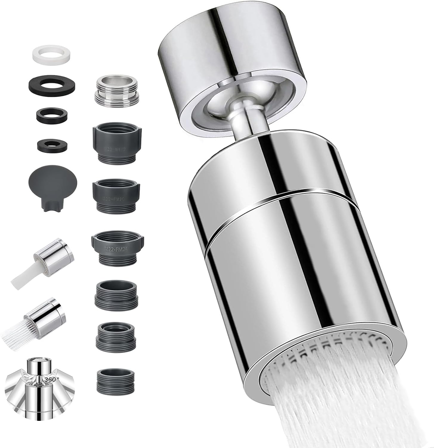 Kitchen Tap Spray Head, 360° Swivel Spout Kitchen Sink Tap, Tap Faucet Attachment Spray with 2 Functions Modes, Replacement Tap Aerator Sprayer Accessories, Universal Tap Adapter Attachment (Silvery)