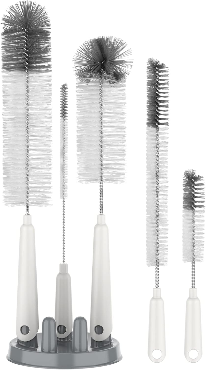 MR.SIGA Bottle Brush Cleaning Set with Storage Holder 5 Pack, Straw Cleaner Brush for Long Narrow Neck Bottles, Water Bottles, Baby Bottles, Tumblers, Drinking Glasses, Strews