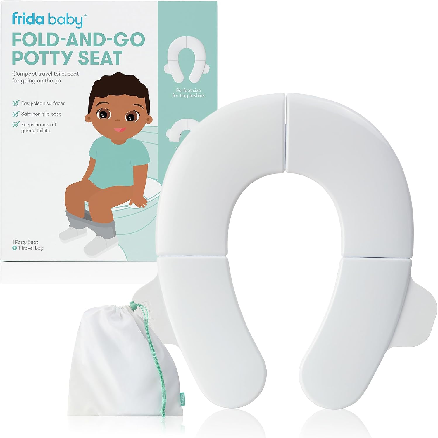 Frida Baby Fold-and-Go Potty Seat | Folding Travel Potty Seat for Boys and Girls, Fits Round & Oval Toilets, Non-Slip Base, Handles, Includes Free Travel Bag