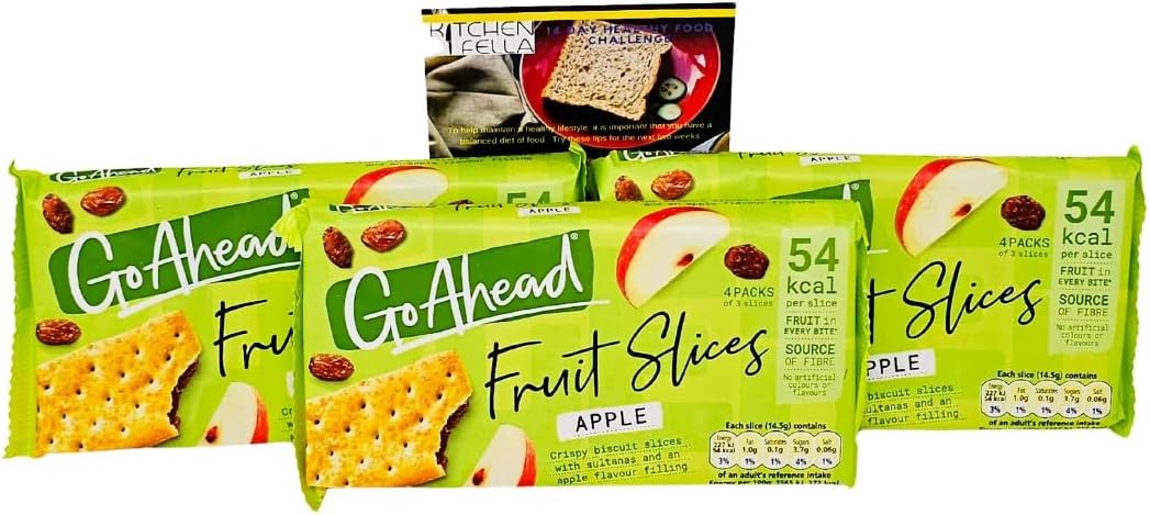 Go Ahead Apple Crispy Fruit Slices Snack Bars, 43.6g x4, 3 Multipacks with Kitchen Fella Healthy Eating Challenge Postcard