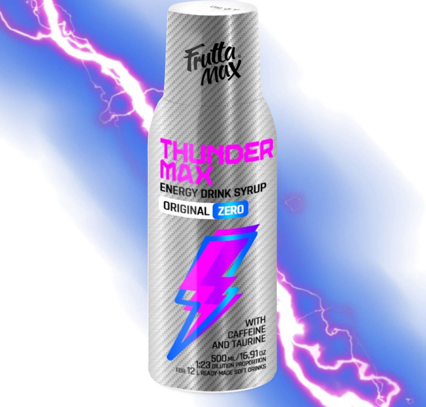 FruttaMax Energy Drink Syrup – Fizzy Caffeinated Syrup - NO Sugar | Soda Maker Compatible, Great for Active Lifestyle 500ml - ThunderMax ZERO