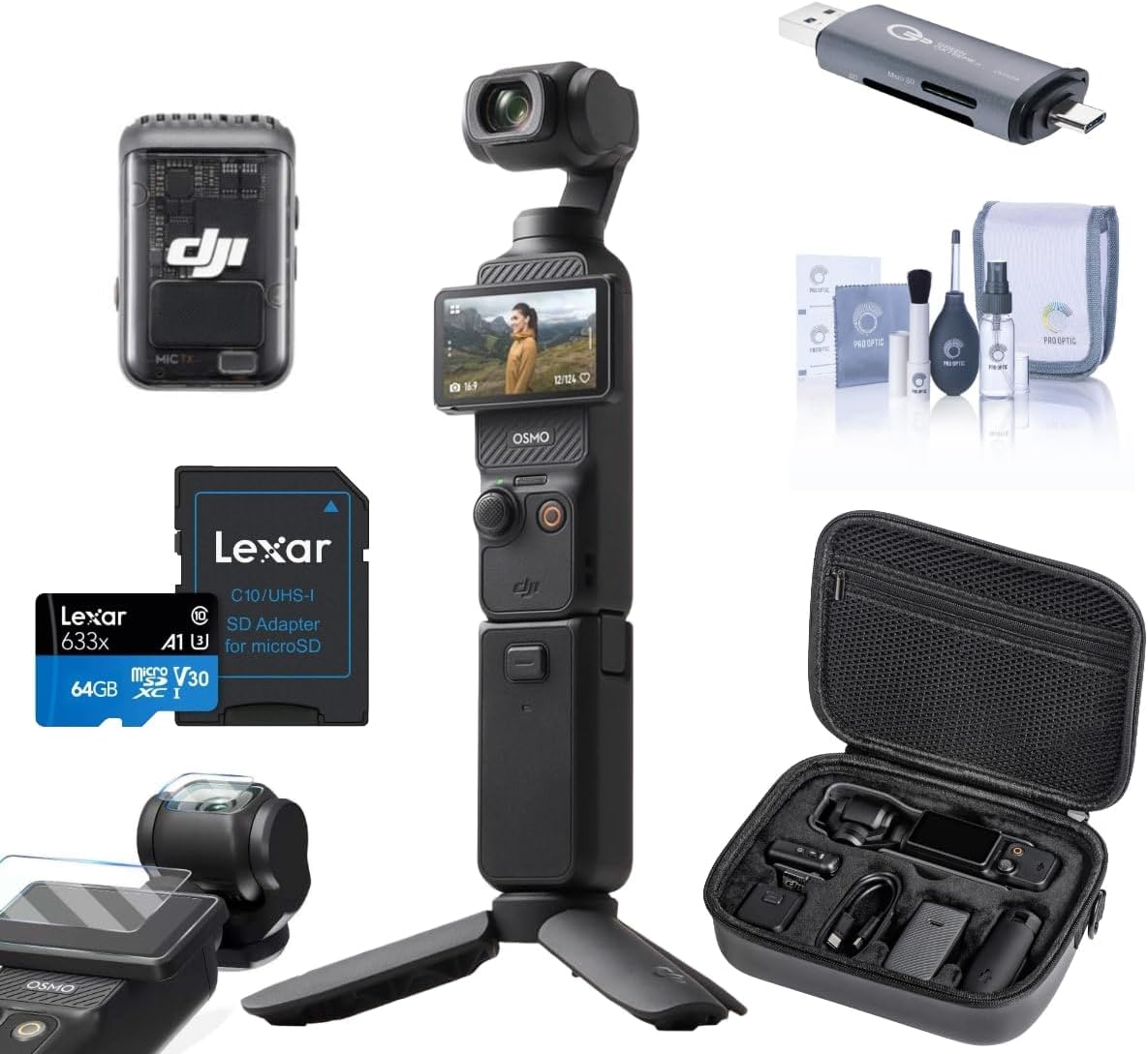 DJI Osmo Pocket 3 Creator Combo, Vlogging Camera, 4K/120fps Video, 3-Axis Stabilization, Mic Included for Clear Sound, Bundle with Carrying Case, Screen Protector, 64GB Memory Card, Card Reader