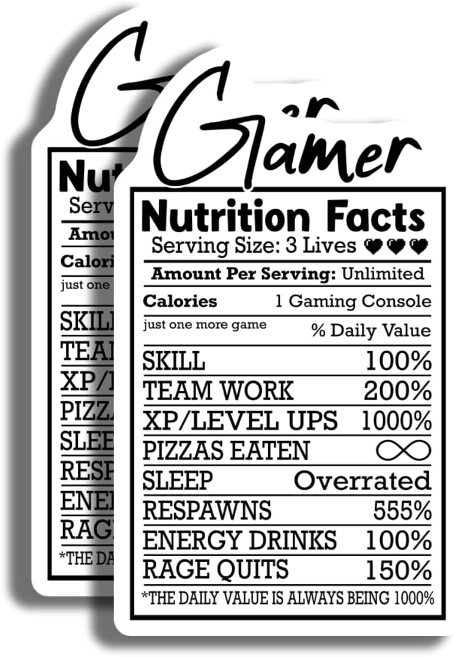 Gamer Nutrition Facts Funny Sticker - Video Game Geek Decor - Gaming Console Sticker - Fun Gamer Gift - Cool Gaming Decal for Laptop - 5" Vinyl Sticker - Durable Design for Cars L AAS1490
