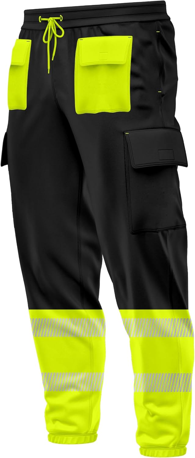 Mens Hi Vis High Visibility Contrast Multiple Pockets Cargo Trousers Bottoms Reflective Tape Drawstring Elasticated Waist Ankle Workwear Joggers