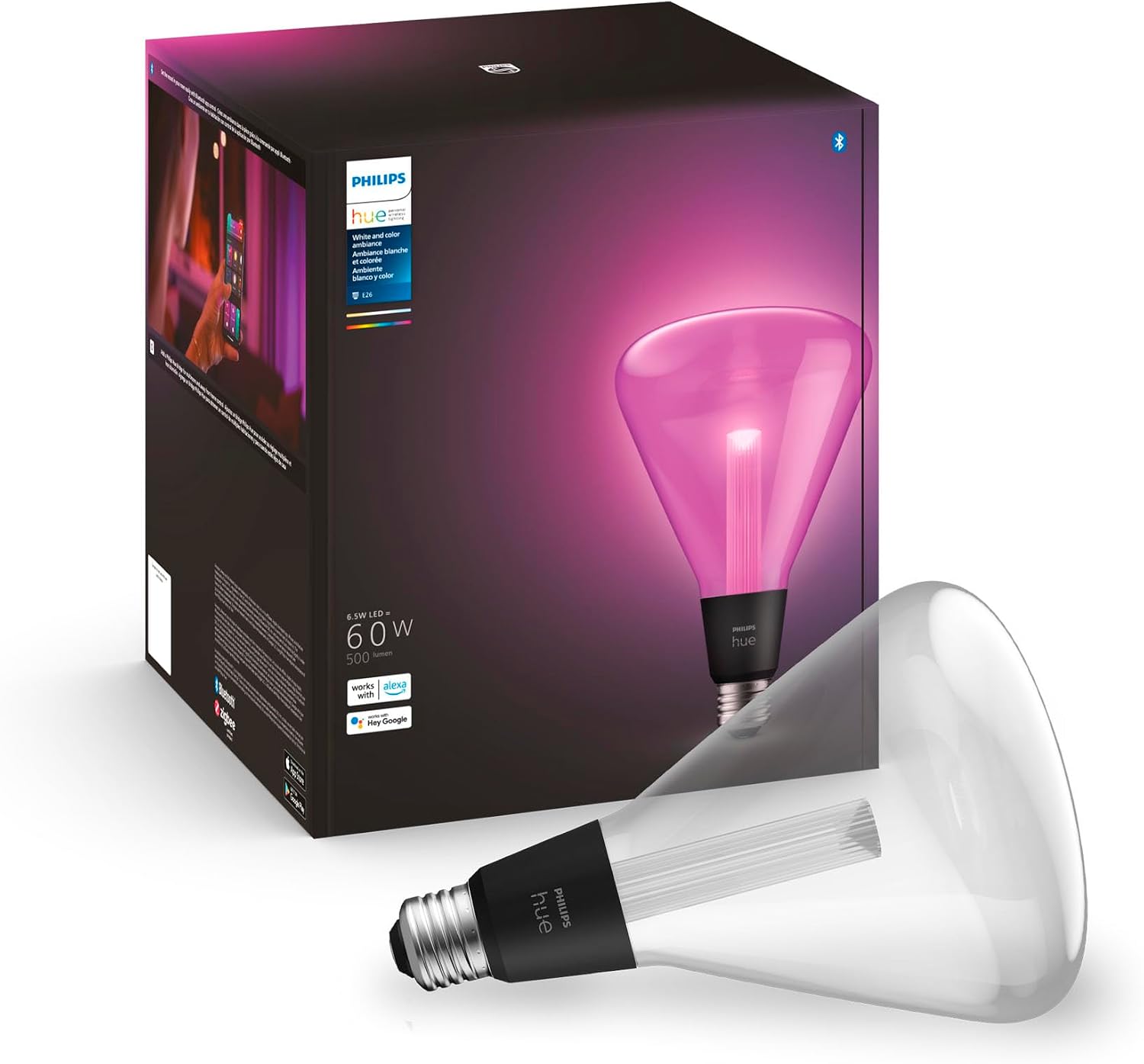 Philips Hue Lightguide TR125 Triangle Smart LED Bulb – Handblown Glass - Color Changing Light - Compatible with Amazon Alexa, Apple HomeKit and Google Assistant - Bluetooth and Hue Bridge Compatible